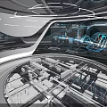 Futuristic High Tech Lab Interior With Circular Glass Platform And Holographic Data Displays