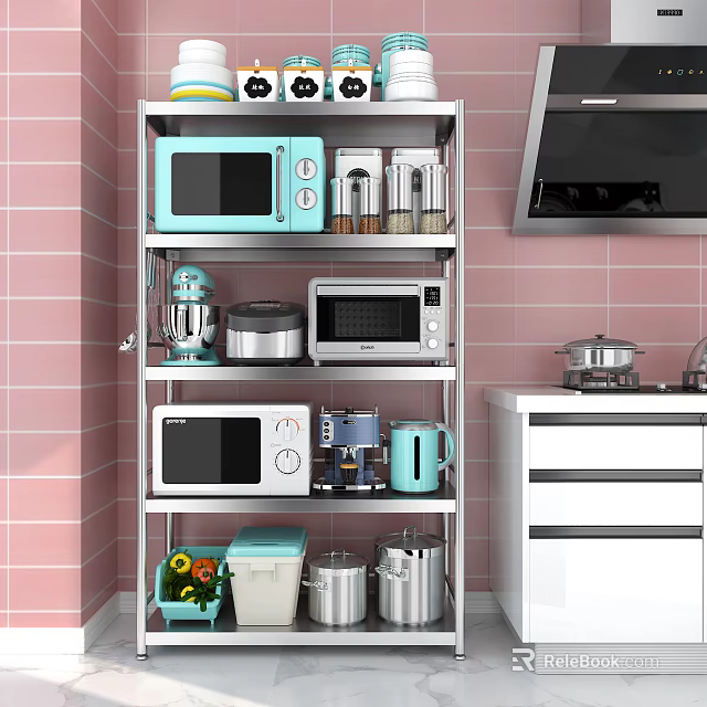Multi Tier Bathroom Cabinet Rack With Stainless Steel Shelves Holding Kitchen Appliances And Storage Containers 3d model 