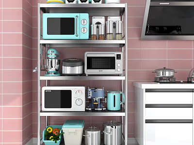Multi Tier Bathroom Cabinet Rack With Stainless Steel Shelves Holding Kitchen Appliances And Storage Containers 3d model