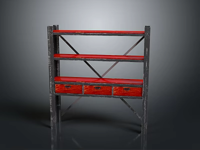 Industrial Style Metal Frame Storage Shelf With Red Shelves And Wooden Drawers Multi Tier Design 3d model