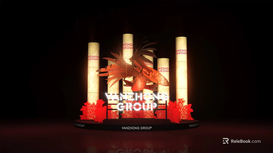 Illuminated Art Installation With YANZHONG GROUP Logo And Red Decorative Columns 3d model 