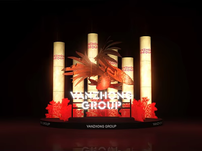 Illuminated Art Installation With YANZHONG GROUP Logo And Red Decorative Columns 3d model