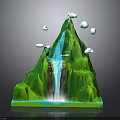 3D Green Mountain Landscape With Flowing Blue Waterfall And White Clouds