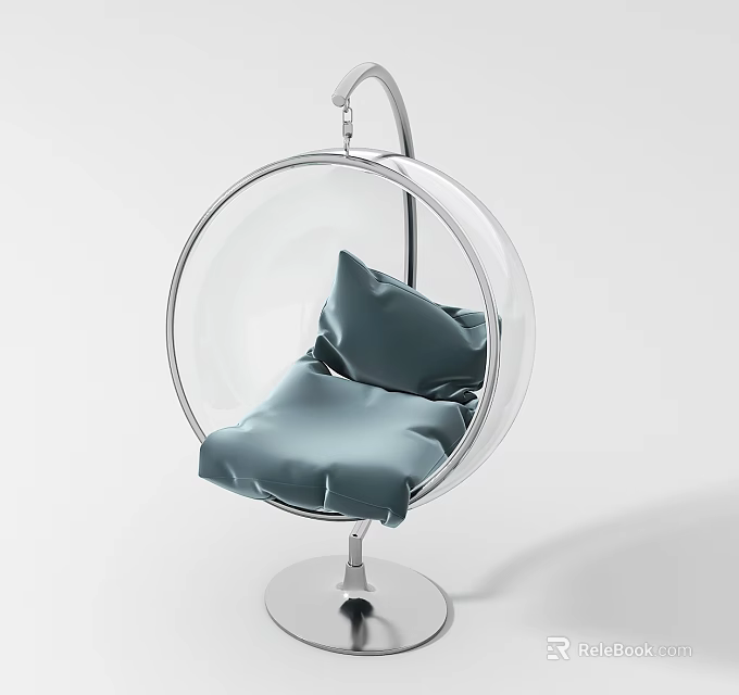 Modern Transparent Spherical Hanging Chair with Blue Cushion Pillow and Metal Stand 3d model 