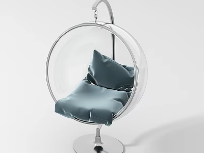 Modern Transparent Spherical Hanging Chair with Blue Cushion Pillow and Metal Stand 3d model