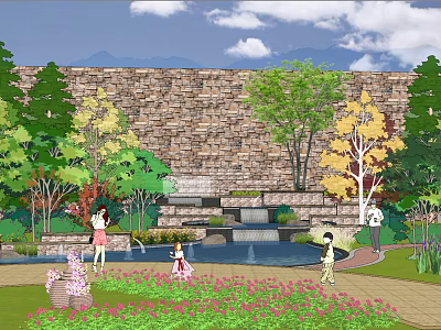 Stone Feature Wall With Fountain And Greenery In Outdoor Garden Setting 3d model