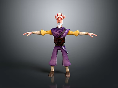 3D Cartoon Character With Bald Head Red Markings Purple Outfit Yellow Sleeves Black Belt Standing 3d model