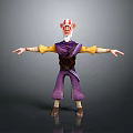 3D Cartoon Character With Bald Head Red Markings Purple Outfit Yellow Sleeves Black Belt Standing