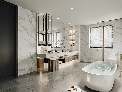 Modern Bathroom Interior Design With Marble Walls Freestanding Bathtub Vanity And Large Mirror 3d model