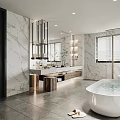 Modern Bathroom Interior Design With Marble Walls Freestanding Bathtub Vanity And Large Mirror