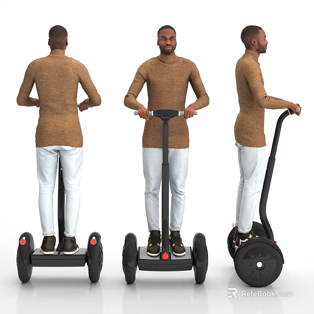 Man Standing On Self Balancing Scooter With Brown Sweater And White Pants From Different Angles 3d model 