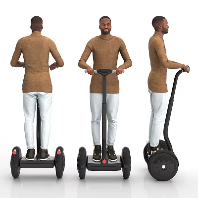 Man Standing On Self Balancing Scooter With Brown Sweater And White Pants From Different Angles 3d model