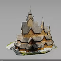 Traditional Wooden Church Building With Multiple Spires And Sloped Snow Covered Roofs