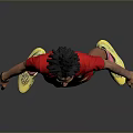 Man wearing red number 7 jersey green shorts yellow socks shoes against gray background