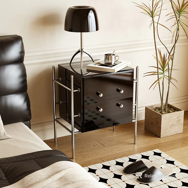 Modern Glossy Black Bedside Table With Two Drawers Metal Legs Lamp Books And Potted Plant 3d model 