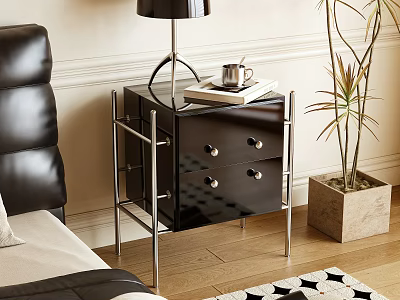 Modern Glossy Black Bedside Table With Two Drawers Metal Legs Lamp Books And Potted Plant 3d model