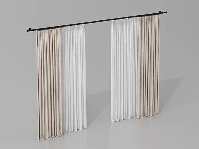 Elegant Beige And White Curtains Hanging On Black Curtain Rod For Home Interior 3d model