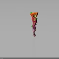 Vibrant Pink And Red Fantasy Weapon With Green Decorative Accents And Curved Structure