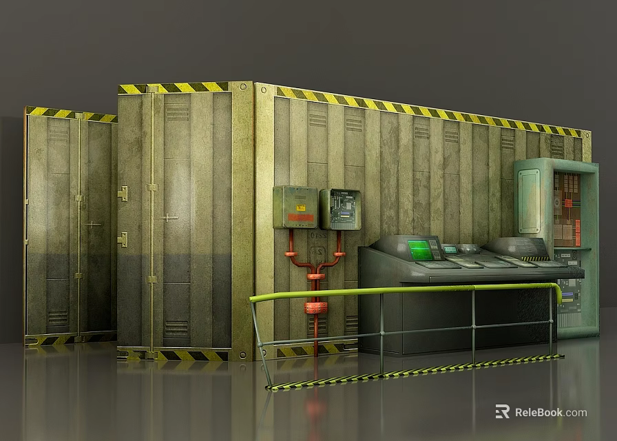 Weapon Storage Facility Featuring Metal Containers Warning Stripes Control Panel And Safety Railings 3d model