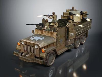 Vintage Military Vehicle Truck With Soldiers Manning Machine Guns And Front Emblem 3d model