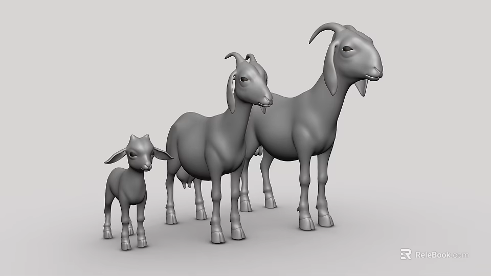 Three Gray 3D Goat Family Models With Different Sizes Standing Together 3d model 