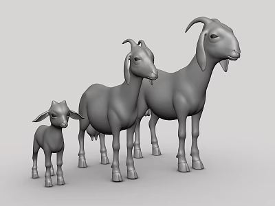 Three Gray 3D Goat Family Models With Different Sizes Standing Together 3d model