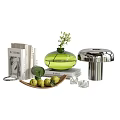 Stylish Decorative Ornament Set With Green Vase Books Wooden Fruit Tray And Metal Decor