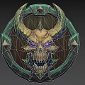 Dark Fantasy Shield With Skull Head Horns Purple Eyes And Metal Wooden Accents