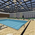 Modern Indoor Swimming Pool With Glass Ceiling And Wooden Deck Loungers