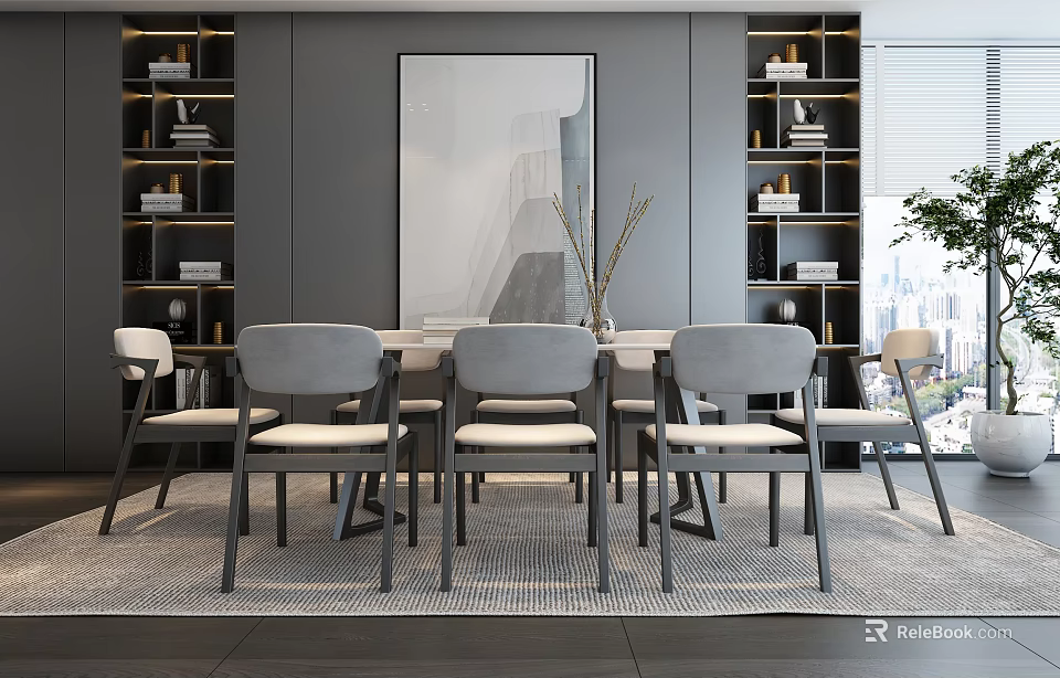 Modern Dining Table and Gray Upholstered Chairs With Bookshelves Decorative Painting and Potted Plant 3d model 