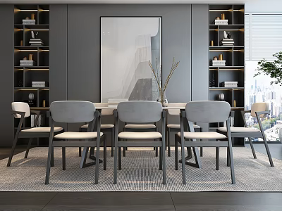 Modern Dining Table and Gray Upholstered Chairs With Bookshelves Decorative Painting and Potted Plant 3d model