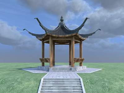 Traditional Chinese Pavilion With Wooden Structure Stone Steps And Green Lawn Under Blue Sky 3d model
