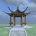 Traditional Chinese Pavilion With Wooden Structure Stone Steps And Green Lawn Under Blue Sky