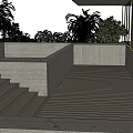 Rockery Stones In Modern Courtyard With Wooden Walkway Steps Greenery And Swimming Pool