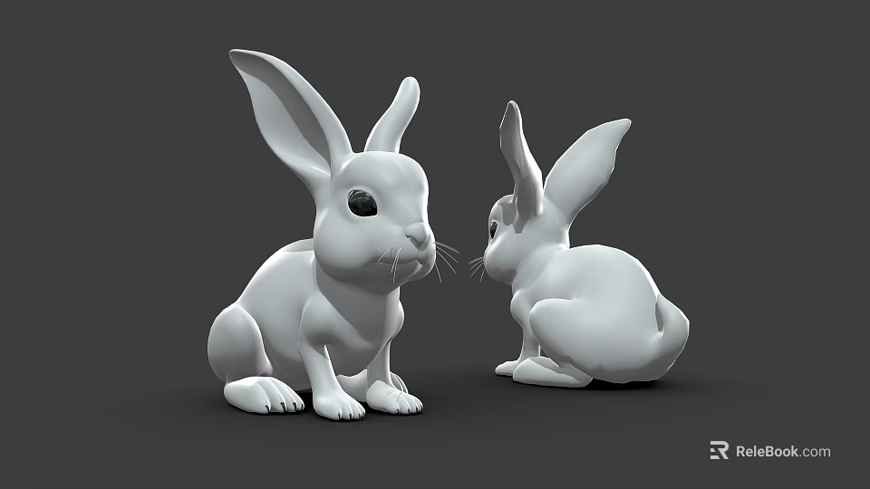 Two Decorative 3D White Rabbit Figurines Showcasing Front And Back Views 3d model 