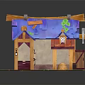 Cute Cartoon Barn Scene With Broken Wooden Roof Green Leaves And Hay Bales