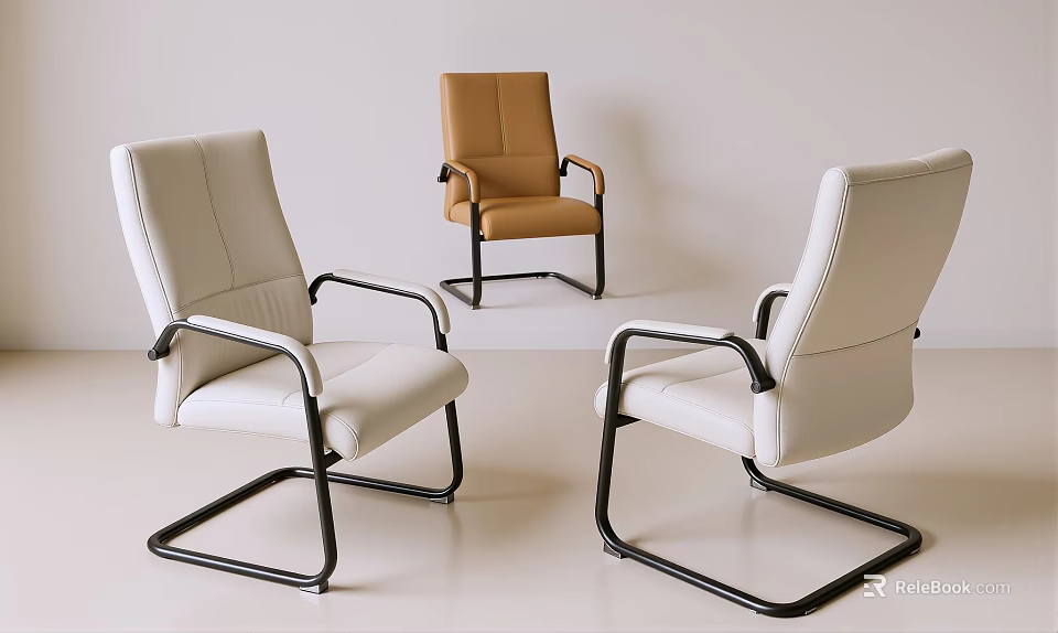 Modern Office Chairs With White Brown Leather Seats Armrests And Metal Frames 3d model 