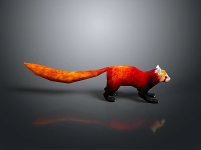 Red And Black Animal Figurine With Long Fluffy Tail On Gray Background With Reflection 3d model