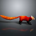 Red And Black Animal Figurine With Long Fluffy Tail On Gray Background With Reflection