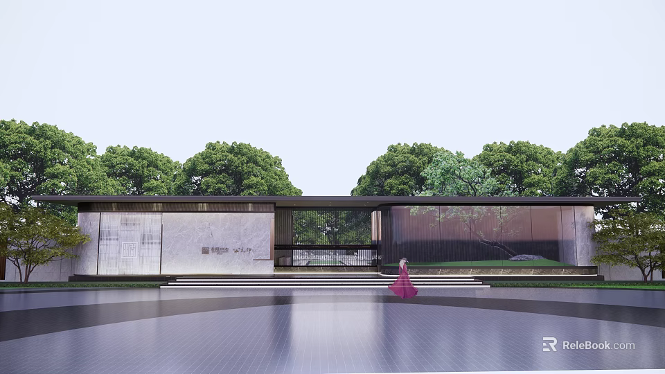 Modern Entrance Gate Architecture With Stone Wall Lush Trees and Spacious Plaza 3d model 