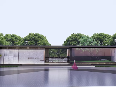 Modern Entrance Gate Architecture With Stone Wall Lush Trees and Spacious Plaza 3d model