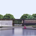 Modern Entrance Gate Architecture With Stone Wall Lush Trees and Spacious Plaza
