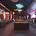 Stylish Modern Bar Interior Design With Chandeliers Lighting And Comfortable Sofa Seating 3d model