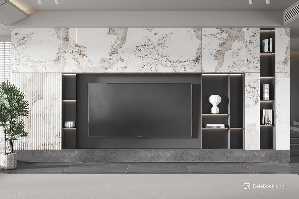 Modern TV Background Wall Interior Design With Marble Panels Flat Screen TV And Shelves 3d model 