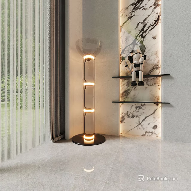 Modern Glass Floor Lamp With Layered LED Lighting And Decorative Shelves In Contemporary Interior 3d model 