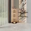 Modern Glass Floor Lamp With Layered LED Lighting And Decorative Shelves In Contemporary Interior