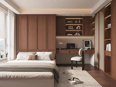 Modern Wooden Tatami Bedroom Interior Design With Desk Bookshelf And Blinds 3d model