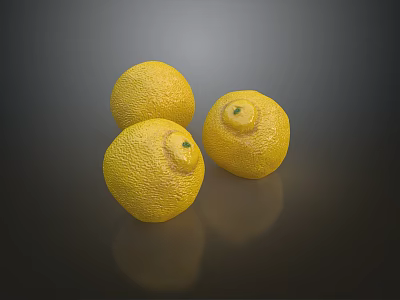 Fresh Yellow Lemons Three Ripe Citrus Fruits on Dark Reflective Surface with Textured Skin 3d model