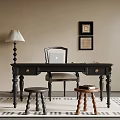 Black Desk With Chair Laptop Two Stools Floor Lamp Framed Artworks And Rug
