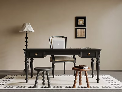 Black Desk With Chair Laptop Two Stools Floor Lamp Framed Artworks And Rug 3d model